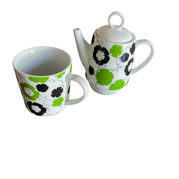 Stackable Teapot And Cup Set Bold Modern Flower Power Stir Gift Navy Blue Green - Picture 11 of 13